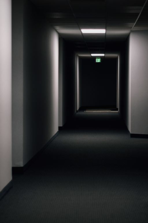 Illustration en noir et blanc représentant un couloir sombre.